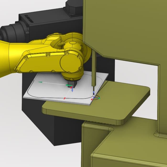 Roboterarm mit Wasserstrahl-Schneidkopf folgt einem programmierten Bahnverlauf