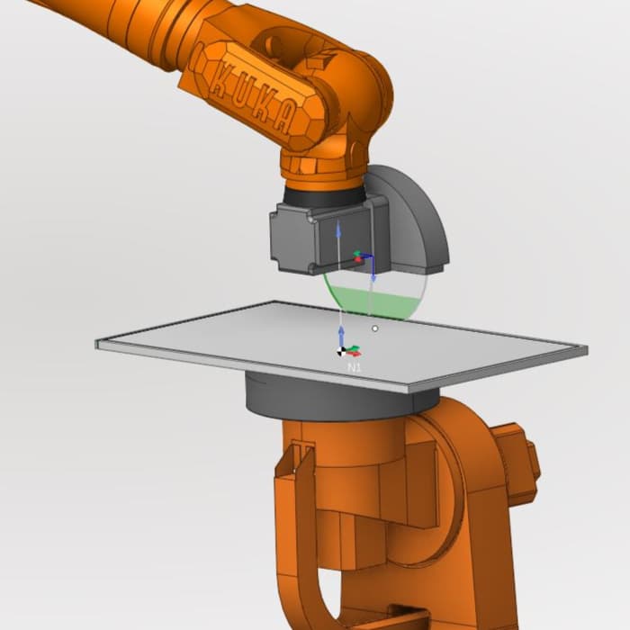 Roboter-Schneidkopf simuliert einen Schneidprozess auf einer Maschine