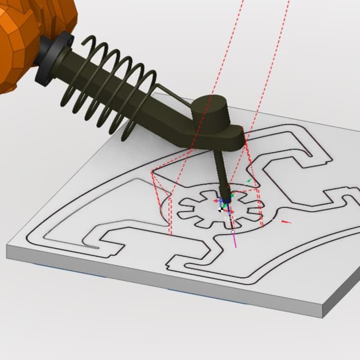 Roboter mit Schneidkopf bearbeitet ein Blech fuer Wasserstrahlschneiden